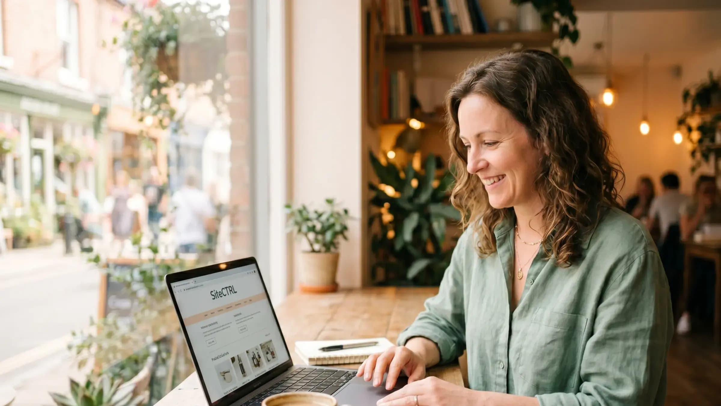 A person smiling at a laptop in a café, editing their website